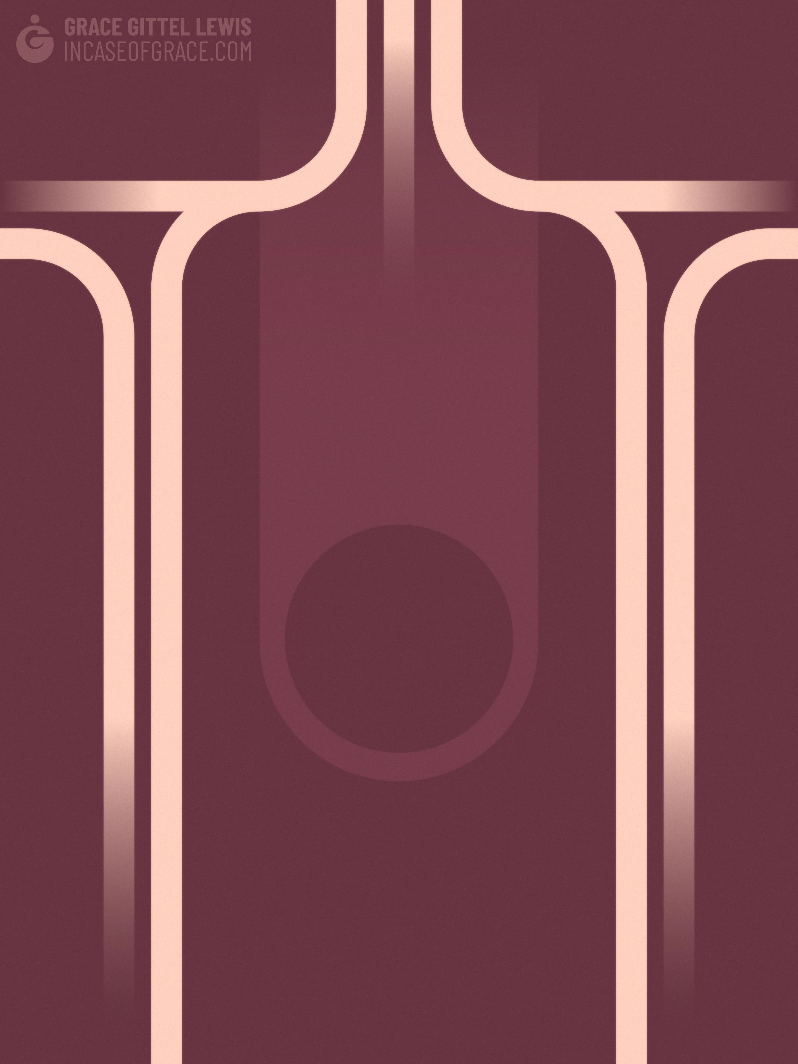 Abstract art. Warm light orange lines over dark red, twisting in geometric shapes. Some of the lines fade into nothing, at their ends. At the center, faintly, is a lighter red section with an empty hole at its end.